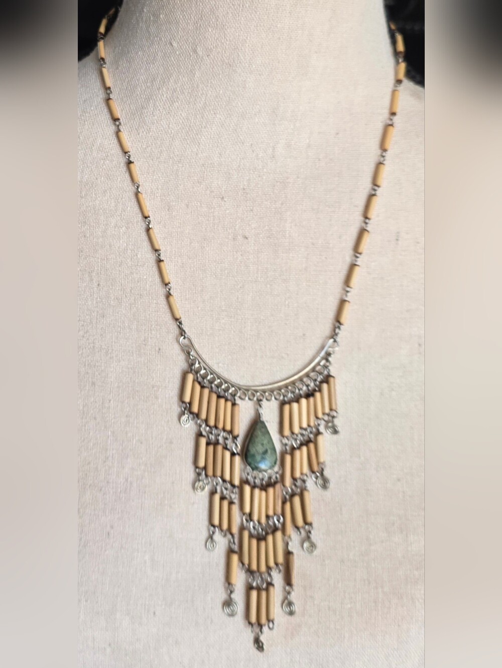 Peruvian Green Serpentine Semiprecious Stone Tribal Bamboo Fringe Necklace